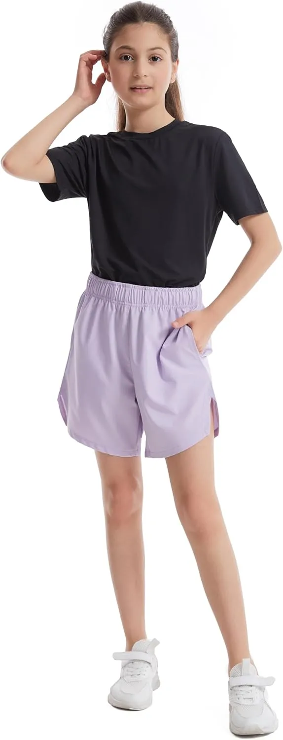 4 Packs Girls Athletic Shorts with Pockets Running Active Shorts Dry-Fit, Sports Workout Shorts for Kids Teens