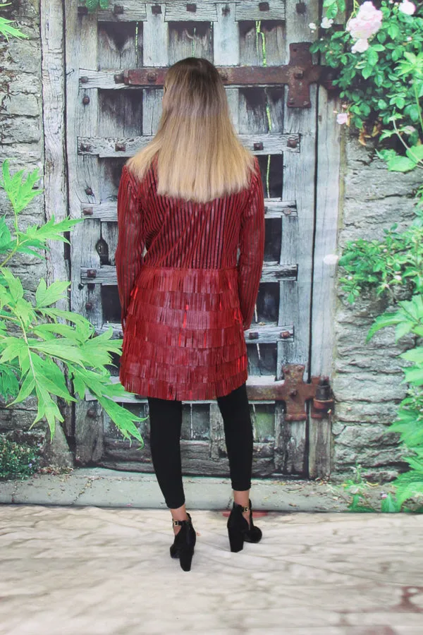 ABF Layered Bottom Fringe Long Leather Jacket with Zipper 1191005