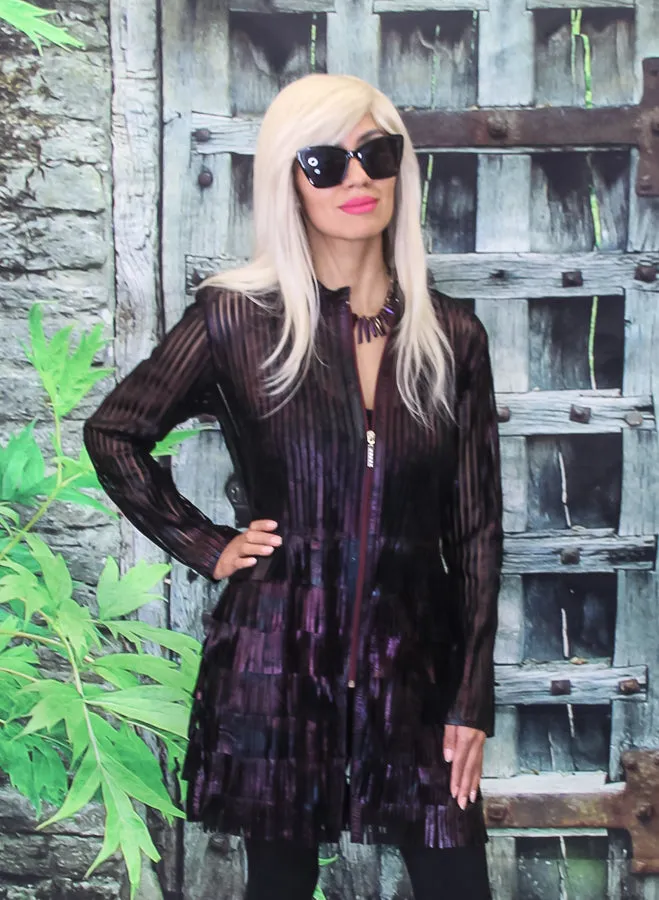 ABF Layered Bottom Fringe Long Leather Jacket with Zipper 1191005