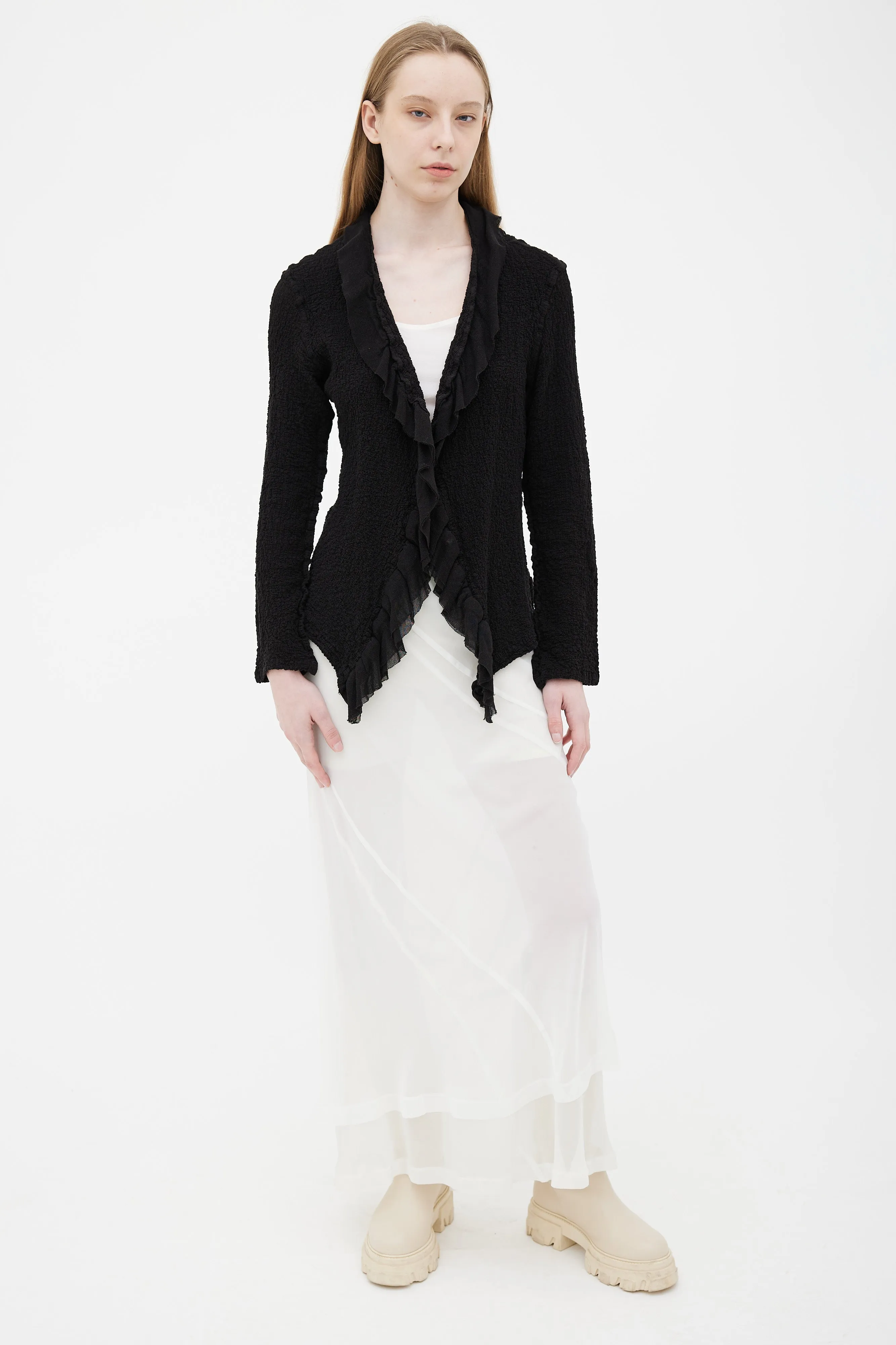 Black Ruffle Open Long Sleeve Cardigan