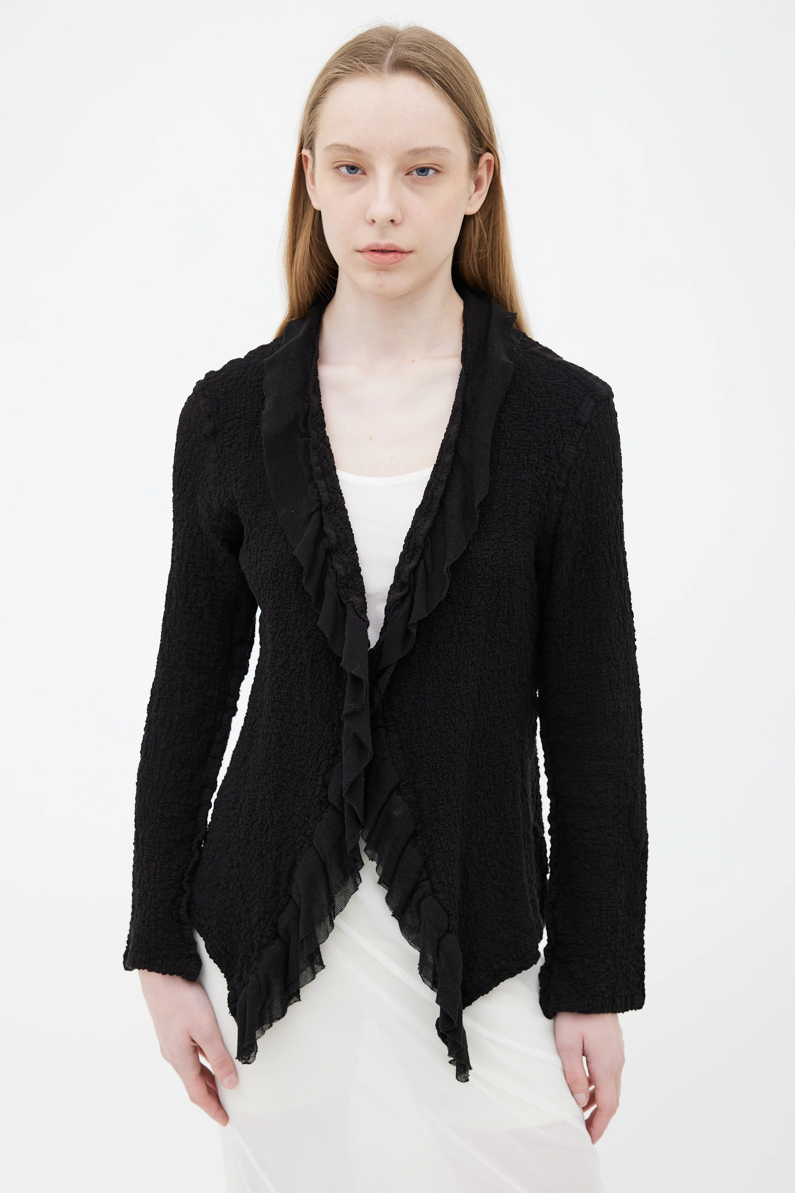 Black Ruffle Open Long Sleeve Cardigan