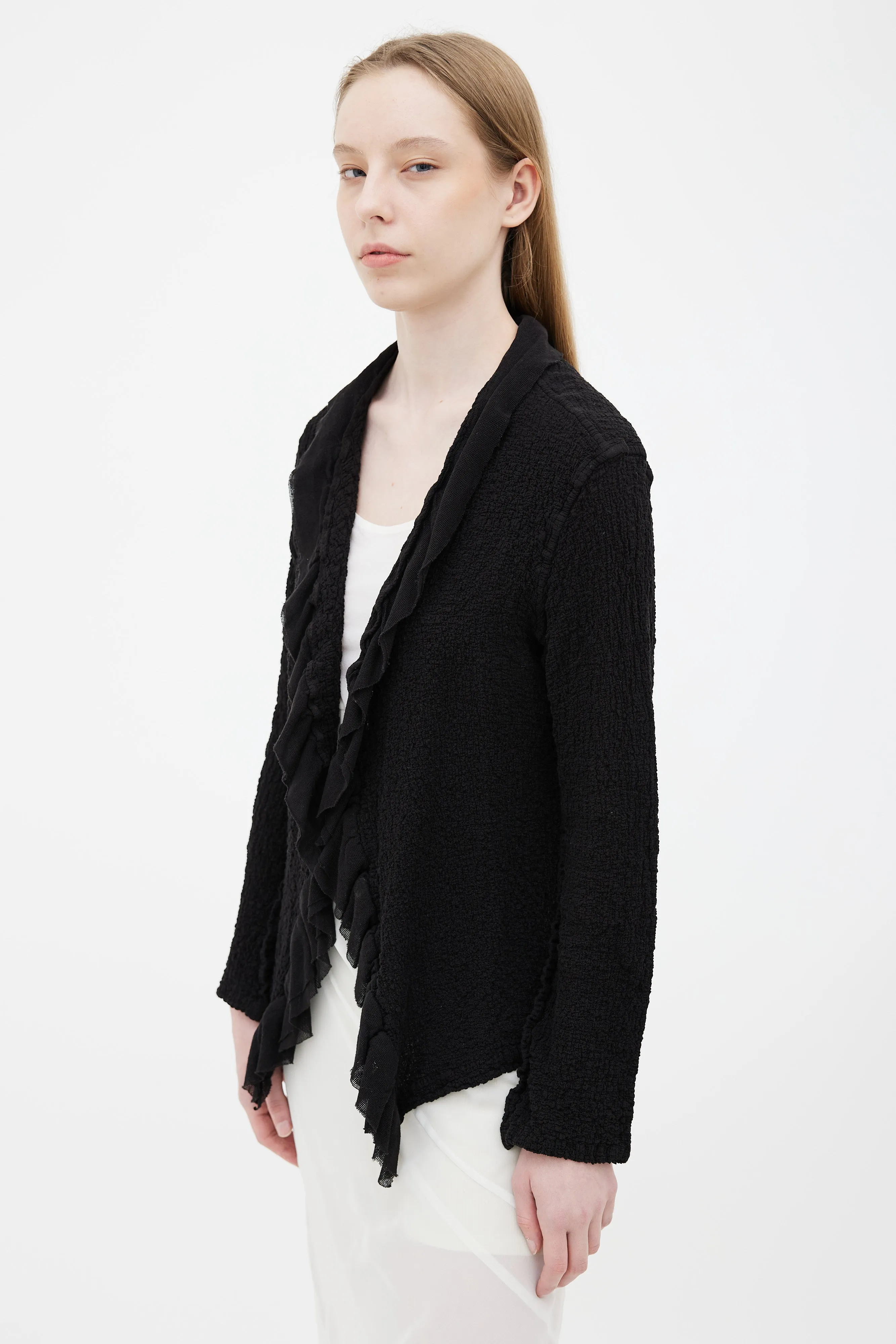 Black Ruffle Open Long Sleeve Cardigan