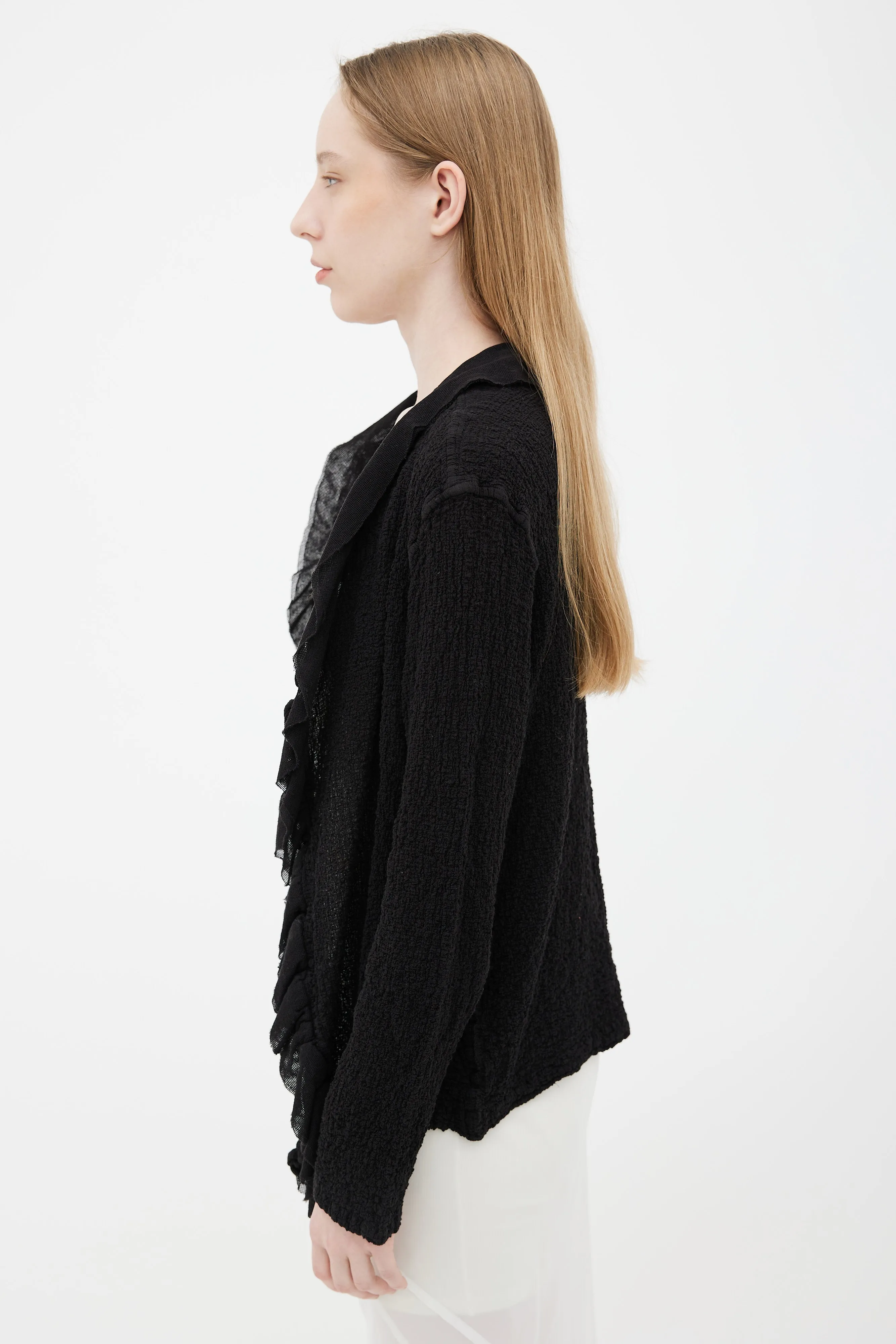 Black Ruffle Open Long Sleeve Cardigan