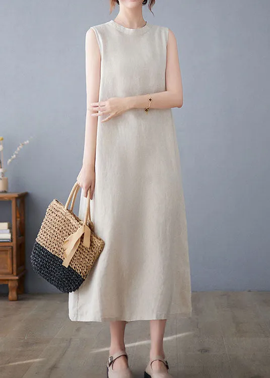 Boutique Beige O Neck Pockets Patchwork Cotton Dresses Sleeveless LC0441