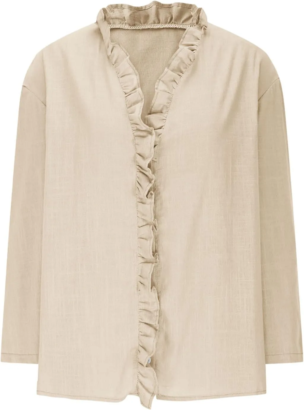 Button Down Shirt for Women Dressy Casual Cotton Linen 3/4 Sleeve Hi-Low Hem Blouse Ruffle Trim V Neck Summer Beach Tops