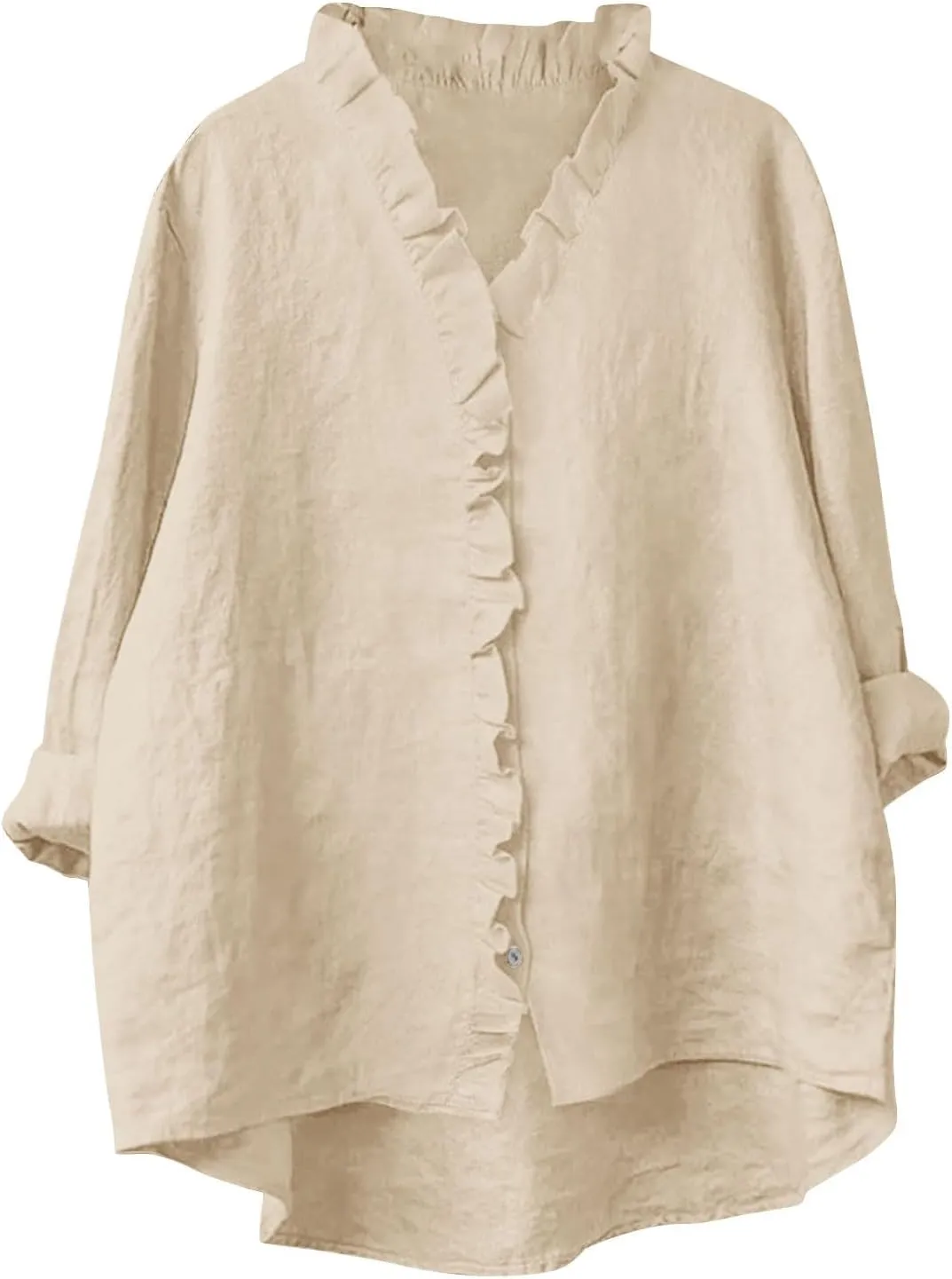 Button Down Shirt for Women Dressy Casual Cotton Linen 3/4 Sleeve Hi-Low Hem Blouse Ruffle Trim V Neck Summer Beach Tops
