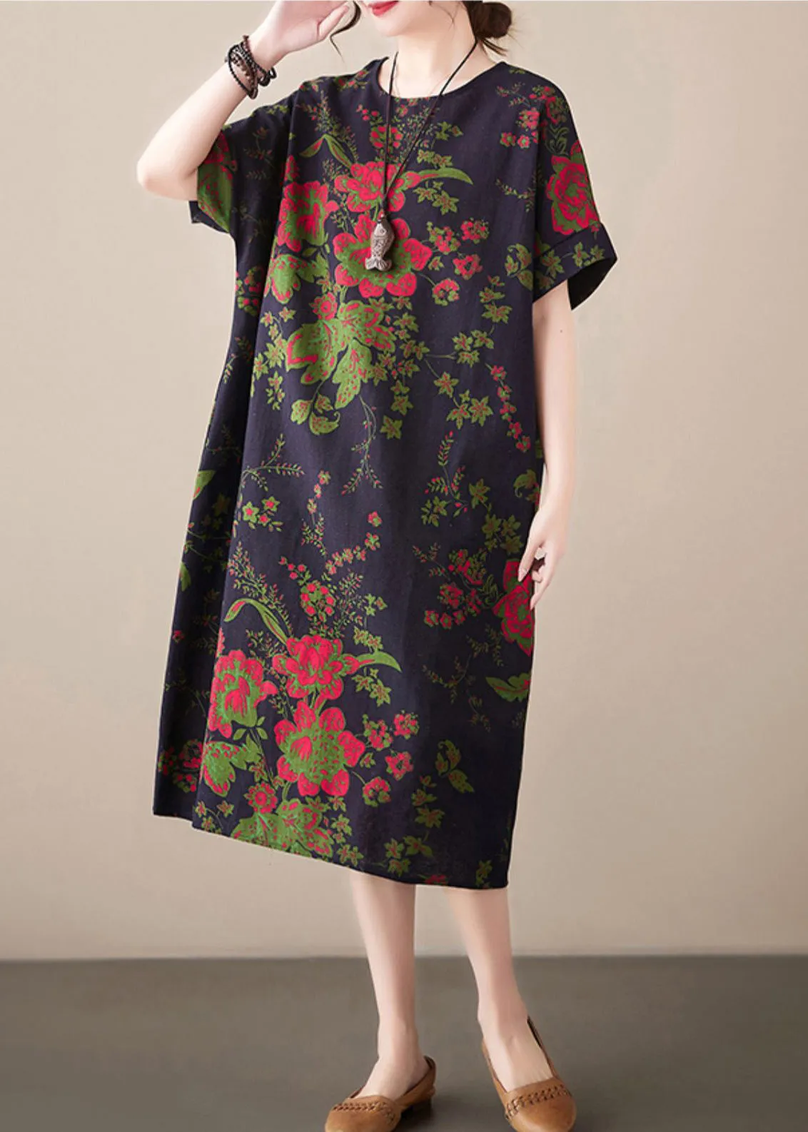Casual Navy Print Cotton Vacation Maxi Dresses Summer LY6094