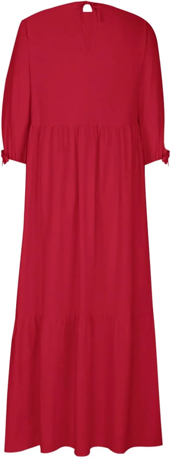 Cotton Linen Dress for Women Summer Casual Loose Long Sleeve Crew Neck Dress Loose Tiered Flowy Beach Maxi Long Dress