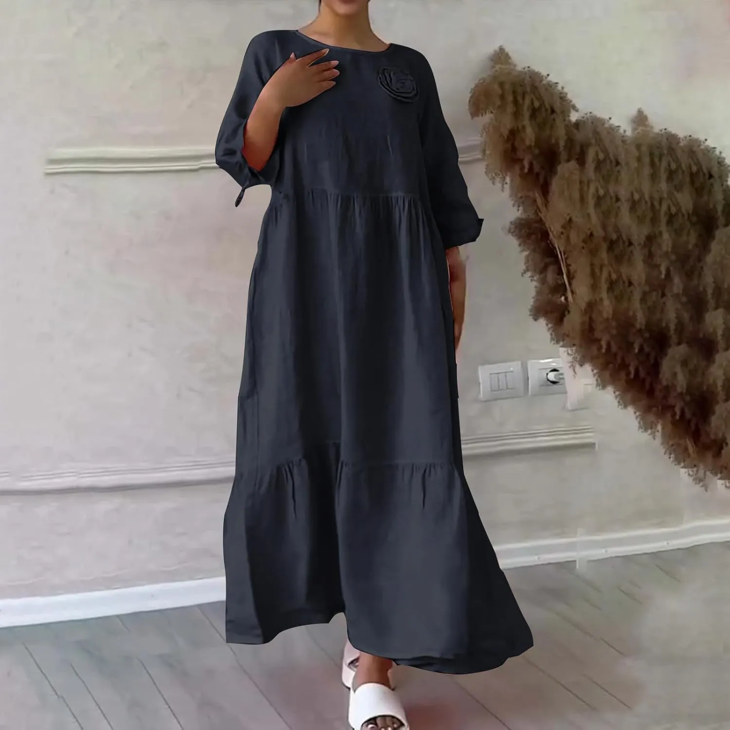 Cotton Linen Dress for Women Summer Casual Loose Long Sleeve Crew Neck Dress Loose Tiered Flowy Beach Maxi Long Dress