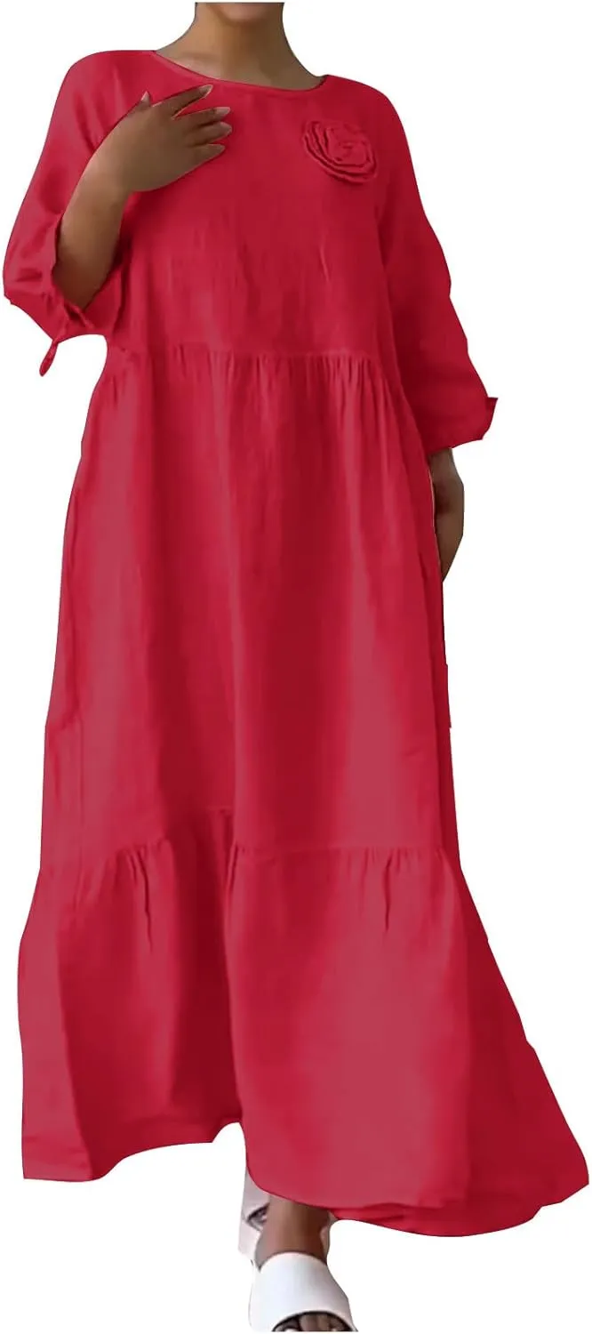 Cotton Linen Dress for Women Summer Casual Loose Long Sleeve Crew Neck Dress Loose Tiered Flowy Beach Maxi Long Dress