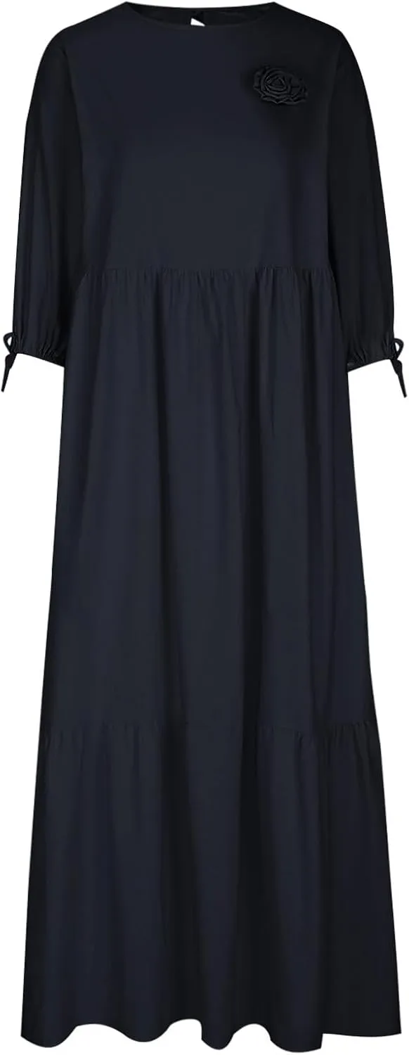 Cotton Linen Dress for Women Summer Casual Loose Long Sleeve Crew Neck Dress Loose Tiered Flowy Beach Maxi Long Dress