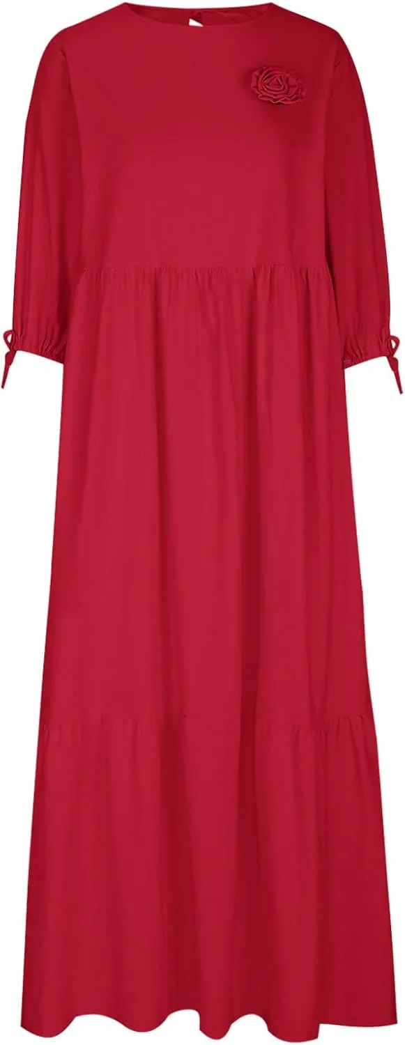 Cotton Linen Dress for Women Summer Casual Loose Long Sleeve Crew Neck Dress Loose Tiered Flowy Beach Maxi Long Dress