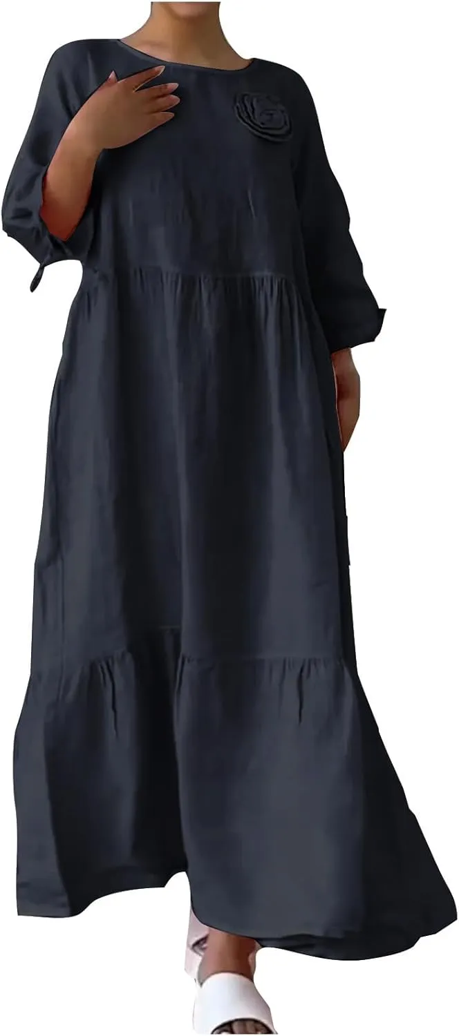 Cotton Linen Dress for Women Summer Casual Loose Long Sleeve Crew Neck Dress Loose Tiered Flowy Beach Maxi Long Dress