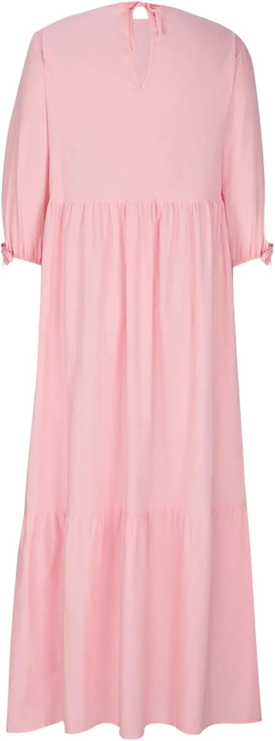 Cotton Linen Dress for Women Summer Casual Loose Long Sleeve Crew Neck Dress Loose Tiered Flowy Beach Maxi Long Dress