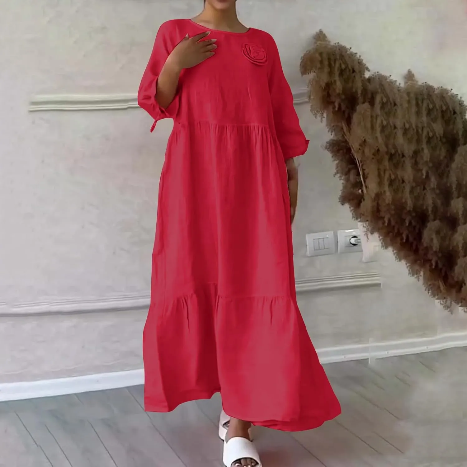 Cotton Linen Dress for Women Summer Casual Loose Long Sleeve Crew Neck Dress Loose Tiered Flowy Beach Maxi Long Dress