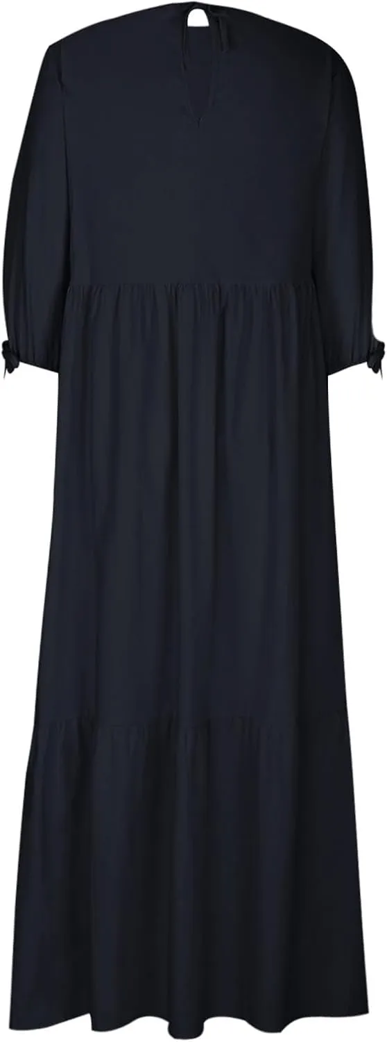 Cotton Linen Dress for Women Summer Casual Loose Long Sleeve Crew Neck Dress Loose Tiered Flowy Beach Maxi Long Dress