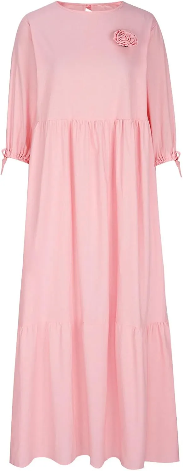 Cotton Linen Dress for Women Summer Casual Loose Long Sleeve Crew Neck Dress Loose Tiered Flowy Beach Maxi Long Dress