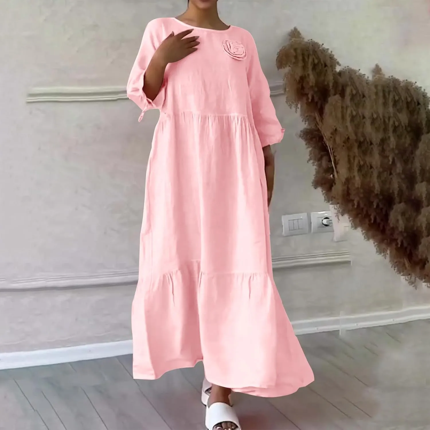 Cotton Linen Dress for Women Summer Casual Loose Long Sleeve Crew Neck Dress Loose Tiered Flowy Beach Maxi Long Dress