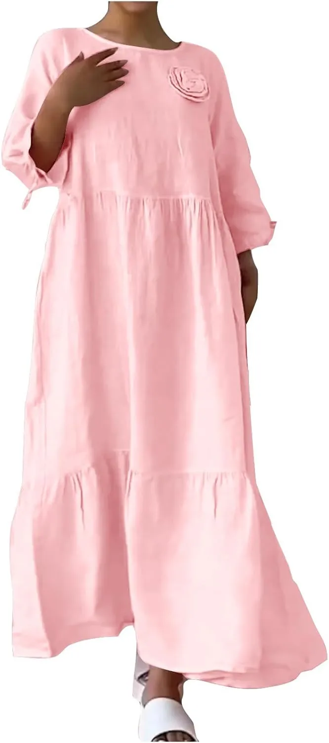 Cotton Linen Dress for Women Summer Casual Loose Long Sleeve Crew Neck Dress Loose Tiered Flowy Beach Maxi Long Dress