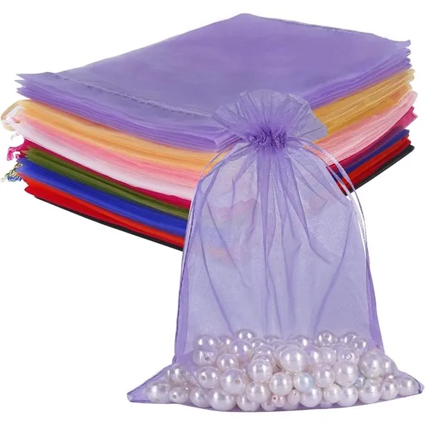 HRX Package 100pcs Organza Drawstring Bags Mixed Color, 6 x 9 inches Christmas Wedding Shower Party Favors Gift Mesh Bags Pouches for Jewelry Makeup