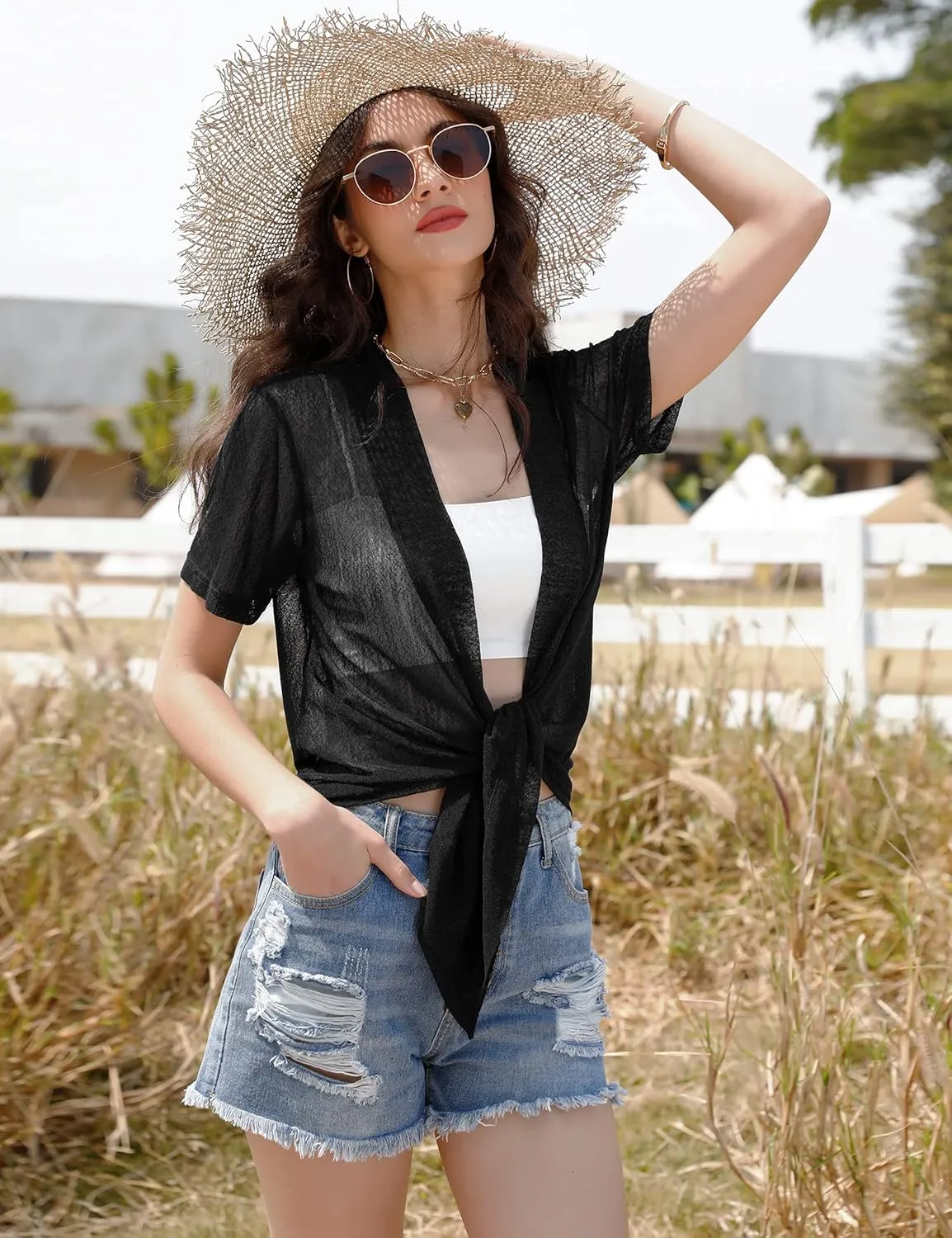 iClosam Womens Sheer Shrug Tie Front 3/4 Sleeve Cropped Bolero Cardigan