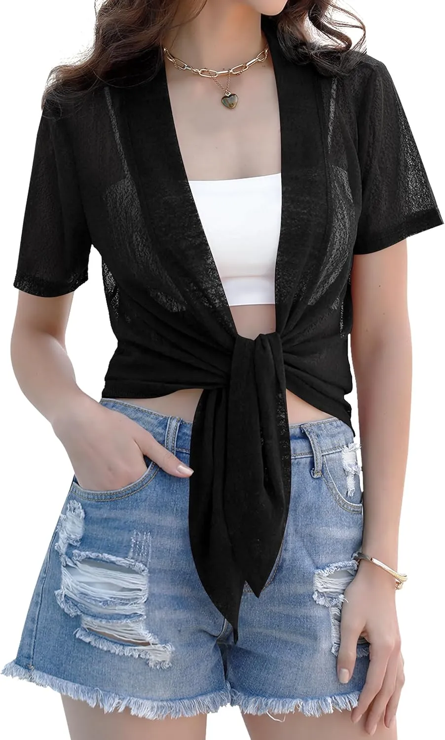 iClosam Womens Sheer Shrug Tie Front 3/4 Sleeve Cropped Bolero Cardigan
