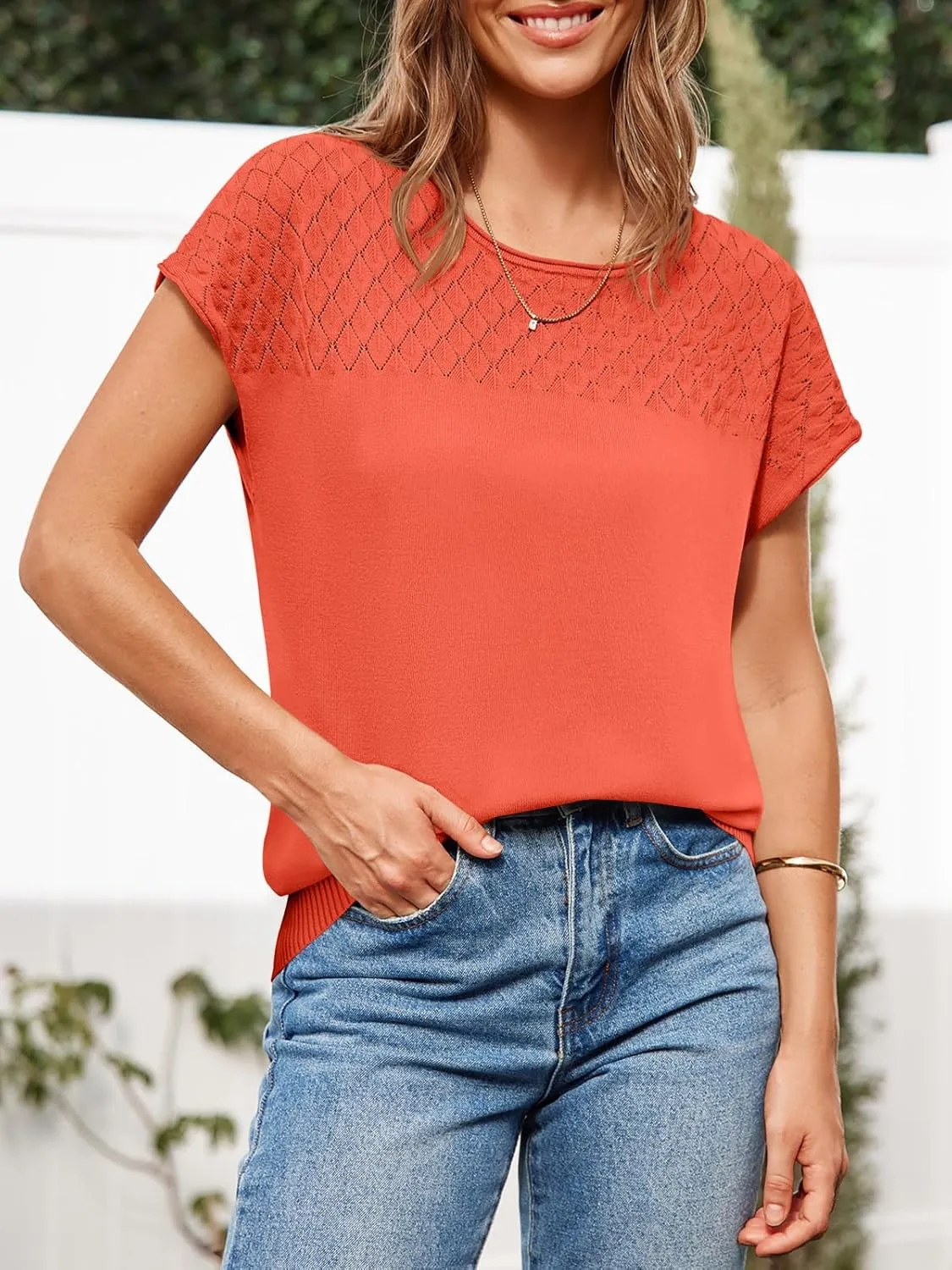 Imily Bela Womens Short Sleeve Sweaters Casual Crewneck Crochet Knit Summer Shirts Loose Trendy Pullover Tops