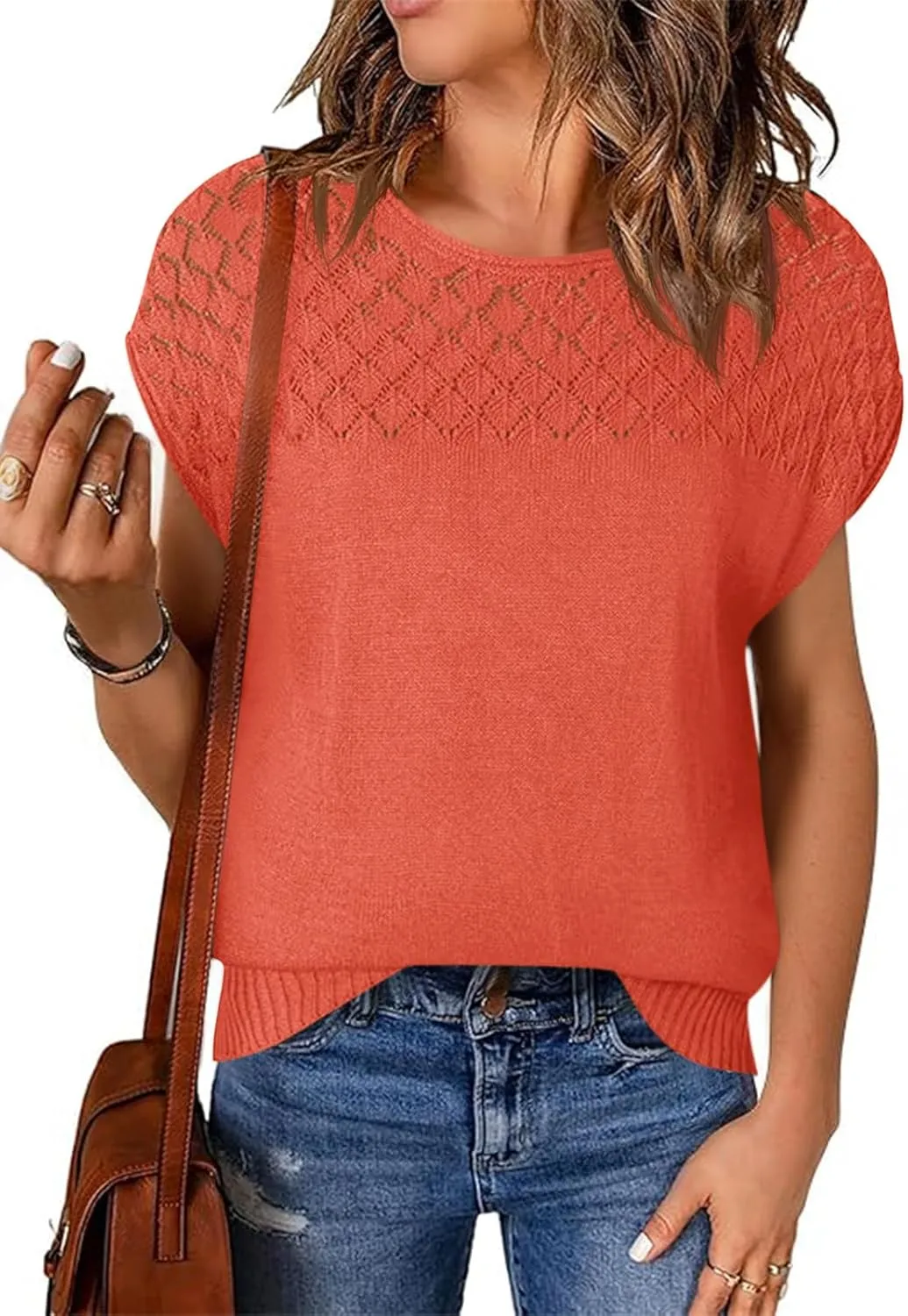 Imily Bela Womens Short Sleeve Sweaters Casual Crewneck Crochet Knit Summer Shirts Loose Trendy Pullover Tops