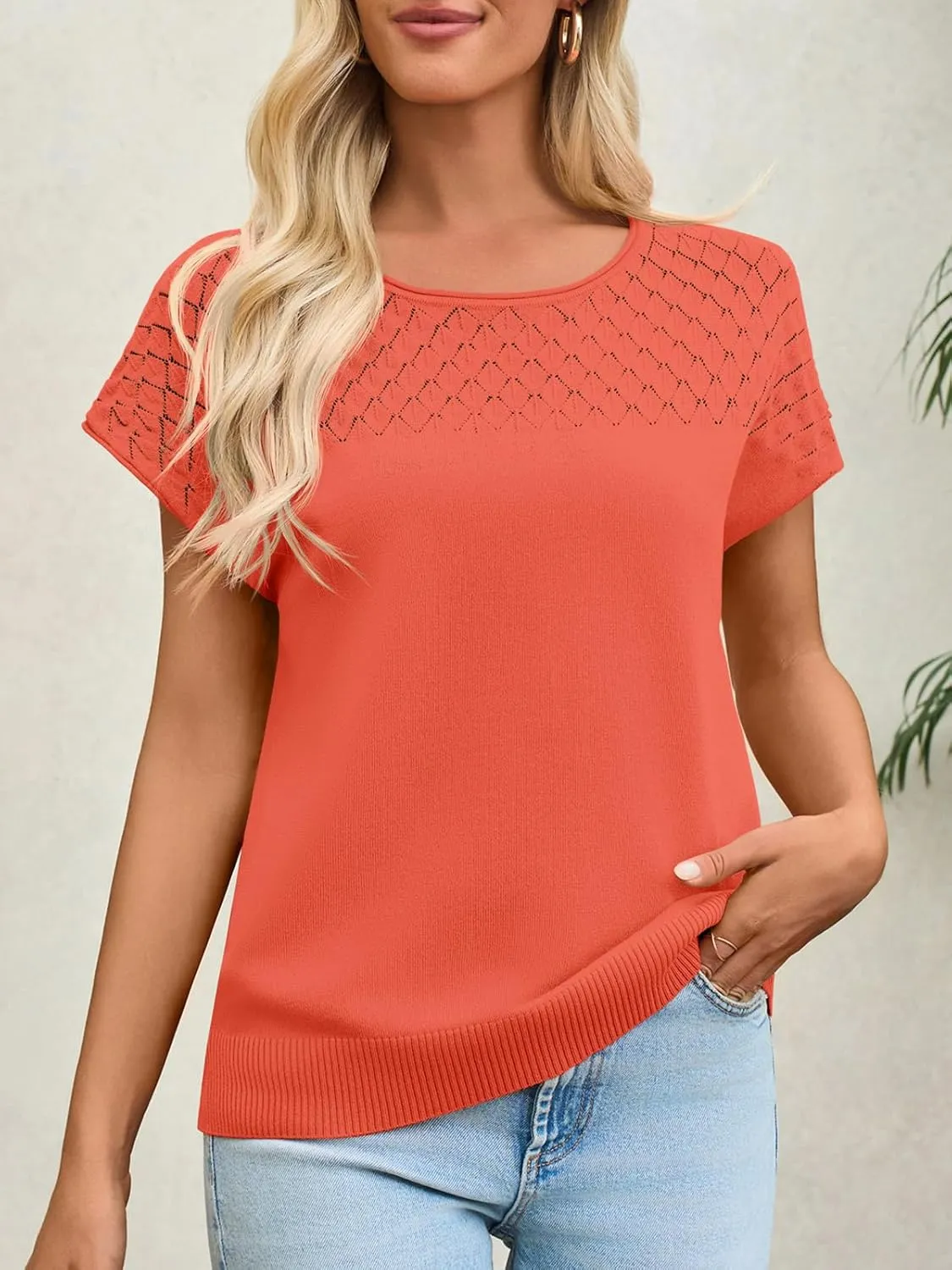 Imily Bela Womens Short Sleeve Sweaters Casual Crewneck Crochet Knit Summer Shirts Loose Trendy Pullover Tops