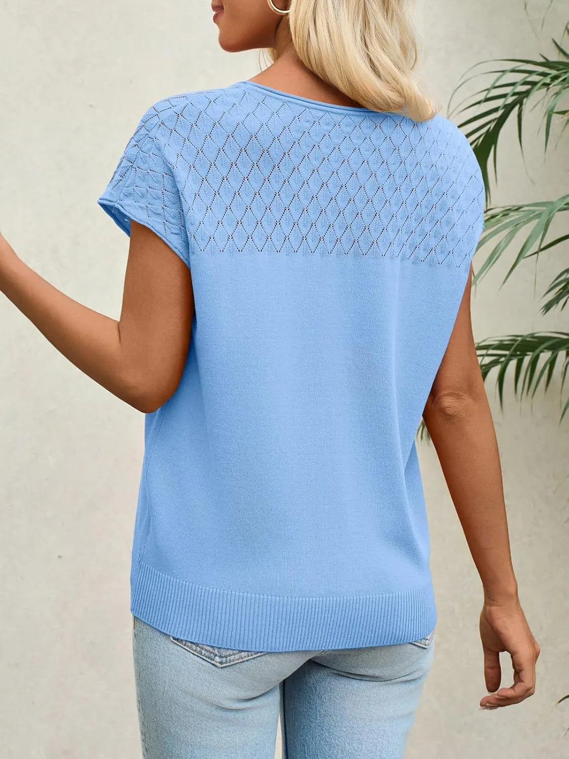 Imily Bela Womens Short Sleeve Sweaters Casual Crewneck Crochet Knit Summer Shirts Loose Trendy Pullover Tops