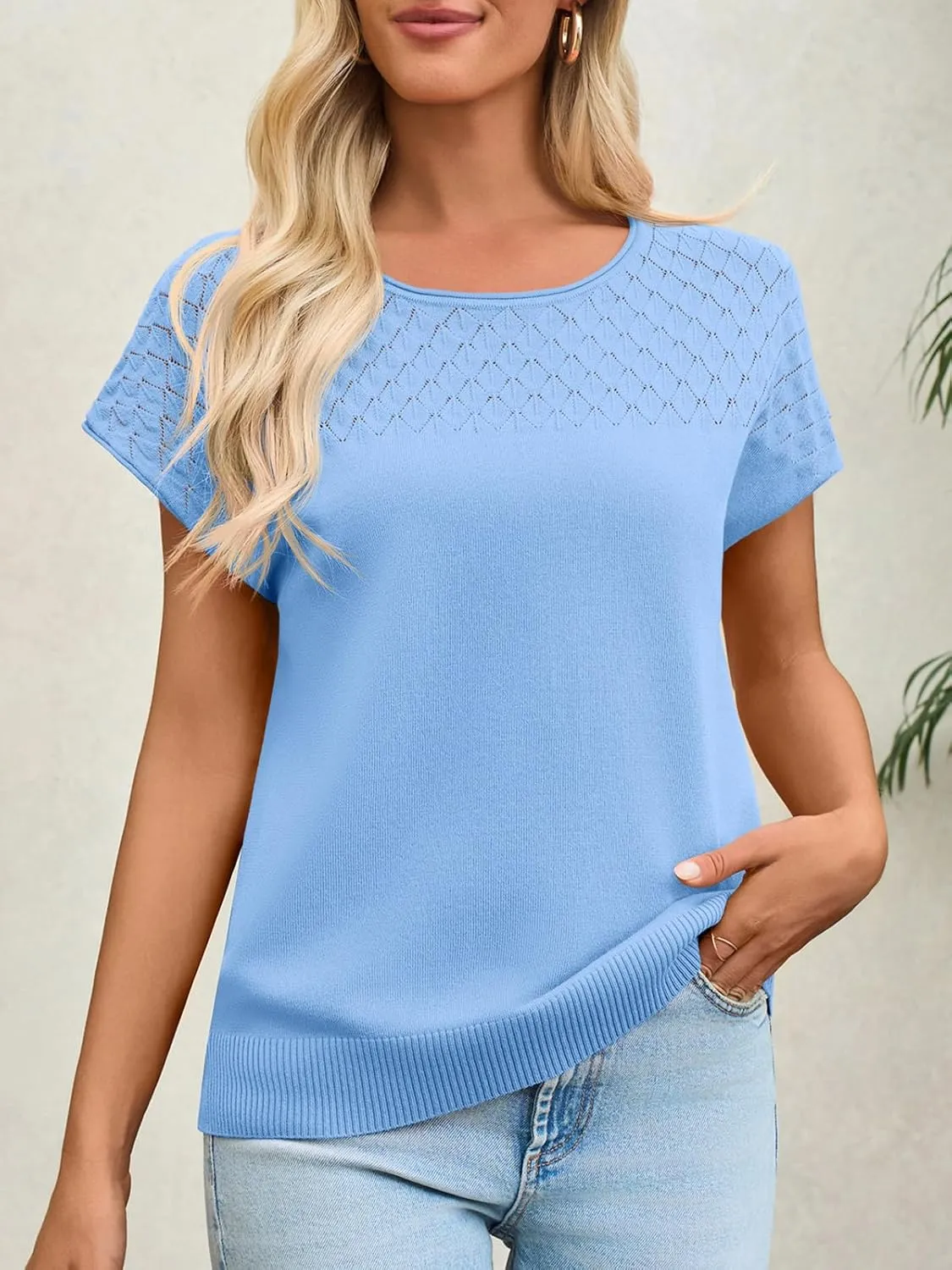 Imily Bela Womens Short Sleeve Sweaters Casual Crewneck Crochet Knit Summer Shirts Loose Trendy Pullover Tops
