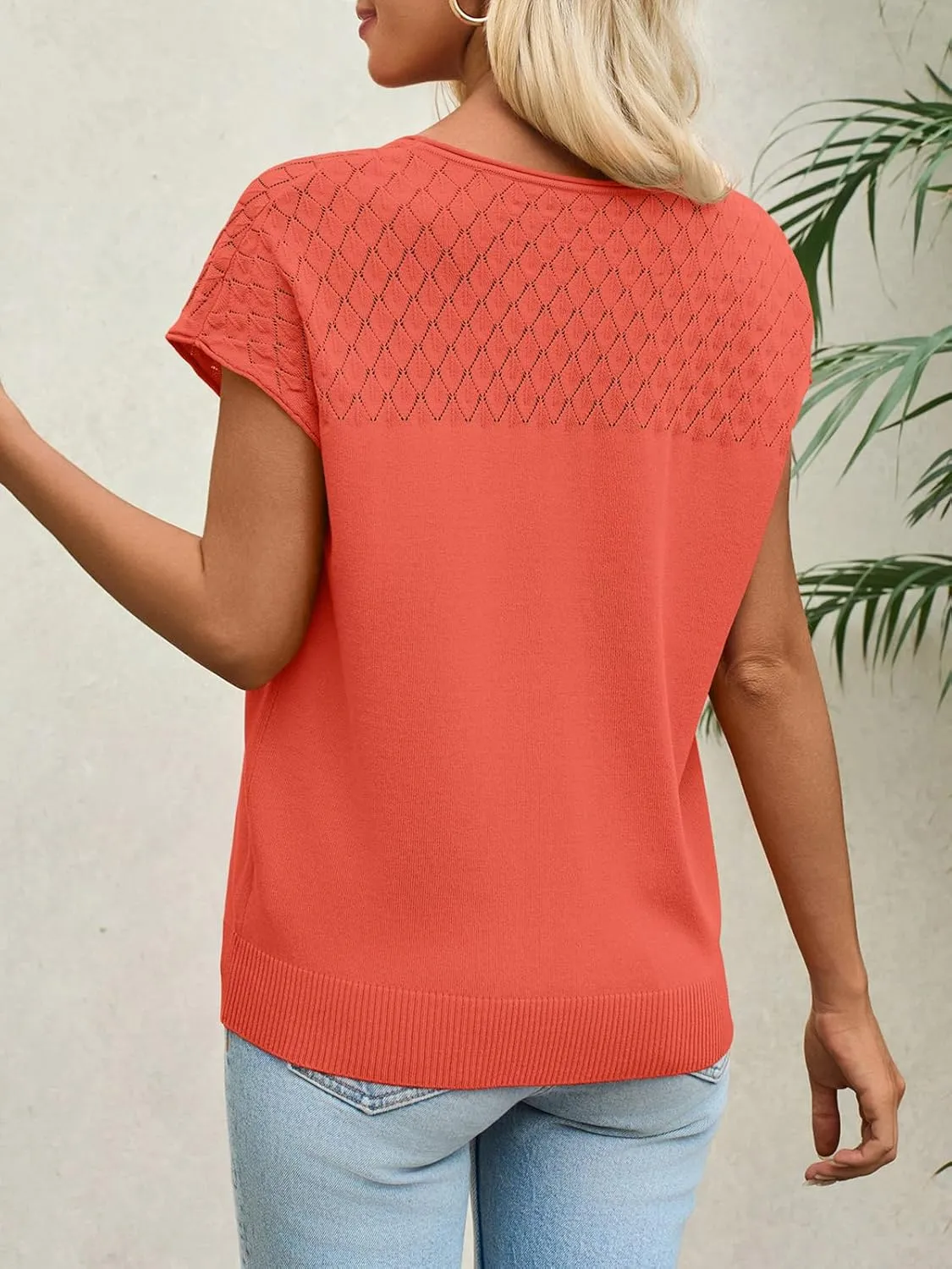 Imily Bela Womens Short Sleeve Sweaters Casual Crewneck Crochet Knit Summer Shirts Loose Trendy Pullover Tops