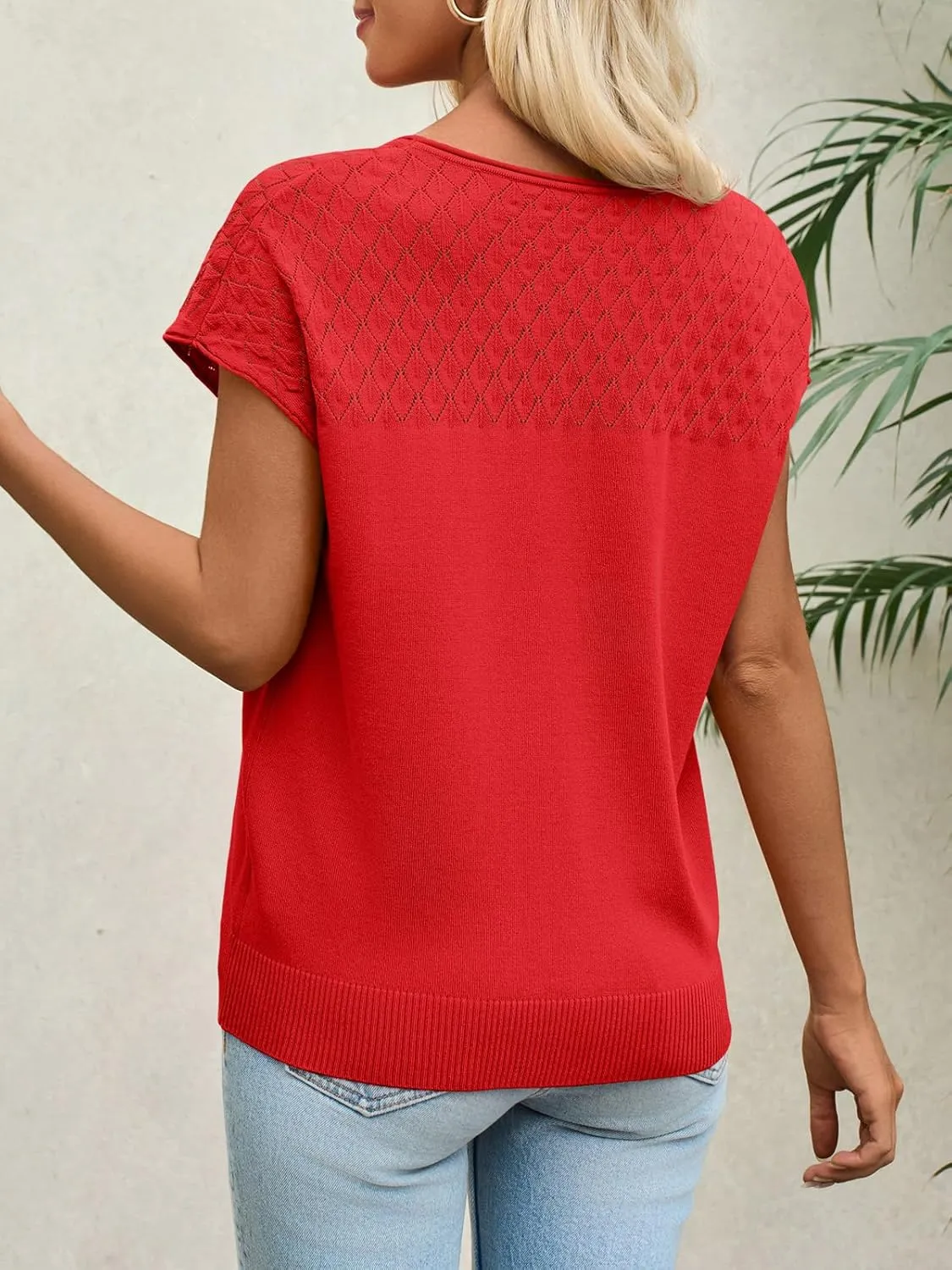 Imily Bela Womens Short Sleeve Sweaters Casual Crewneck Crochet Knit Summer Shirts Loose Trendy Pullover Tops
