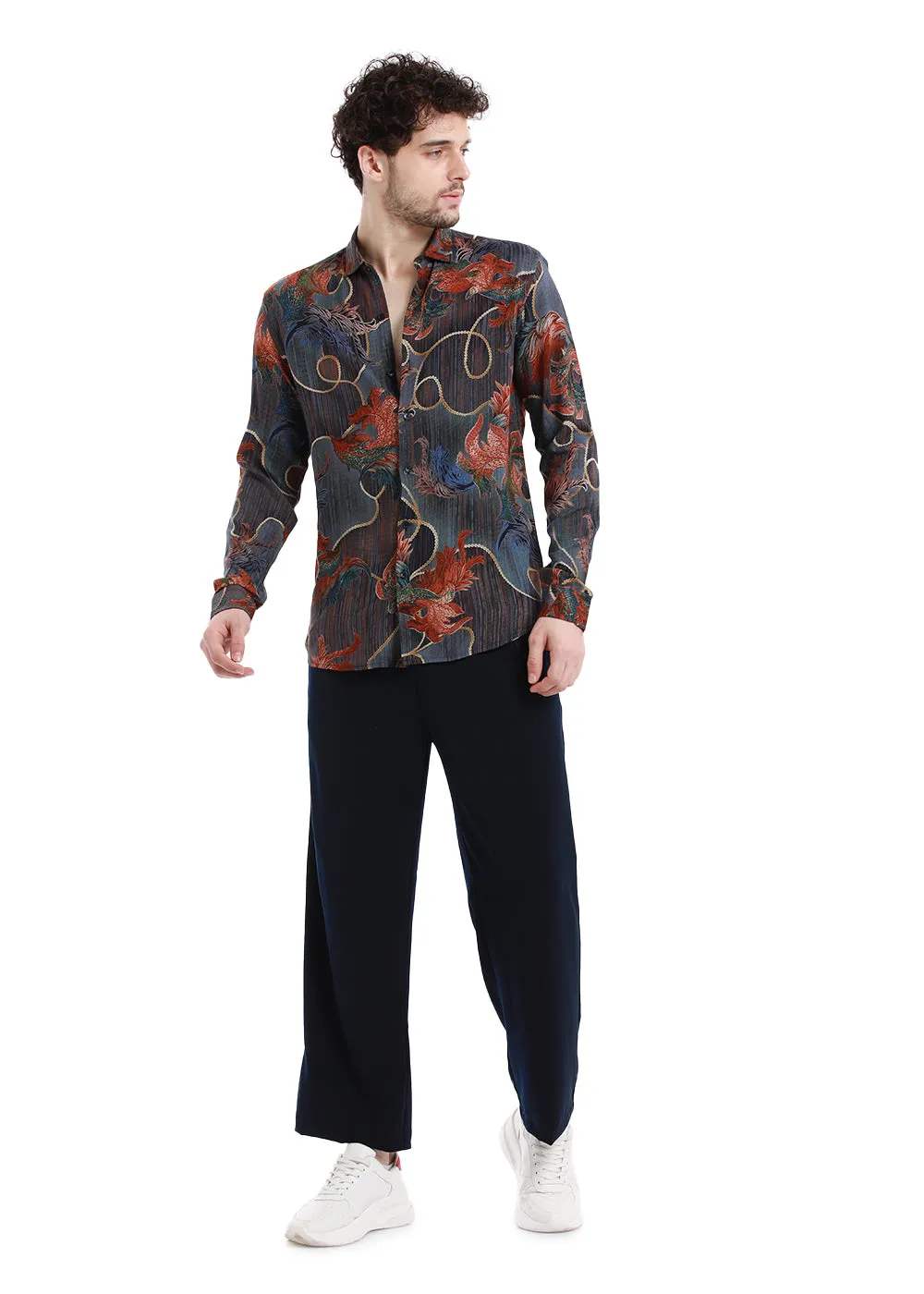 Indigenous Orange Print Feather Shirt
