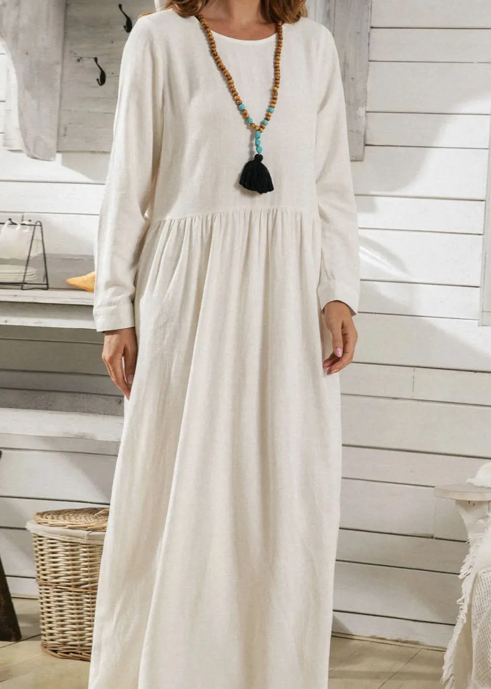 Italian White O Neck Wrinkled Exra Large Hem Cotton Dresses Spring FA242