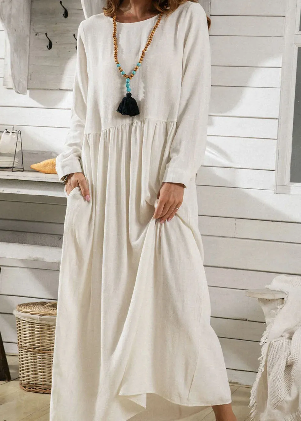 Italian White O Neck Wrinkled Exra Large Hem Cotton Dresses Spring FA242