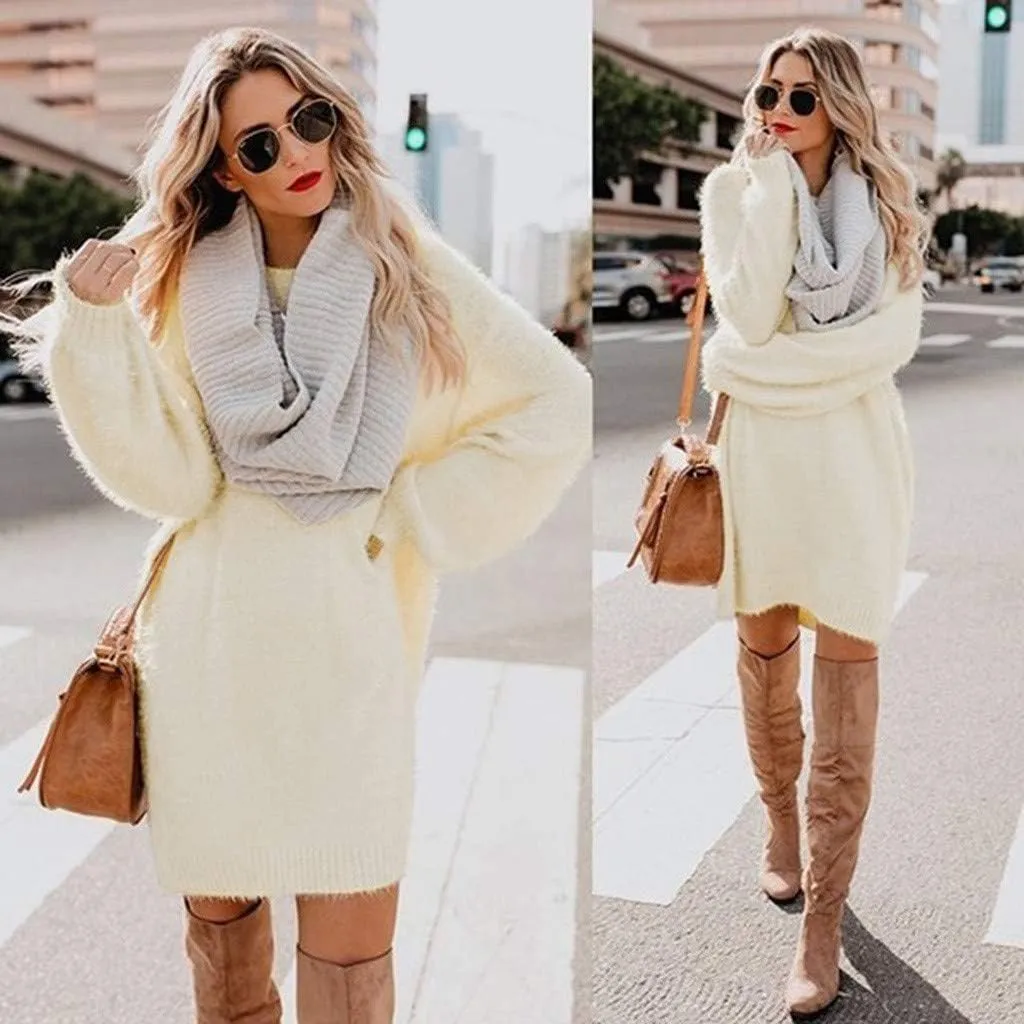 Lutos Women's Loose Oversize Turtleneck Loose Fluffy Fuzzy Long Pullover Sweater Dress