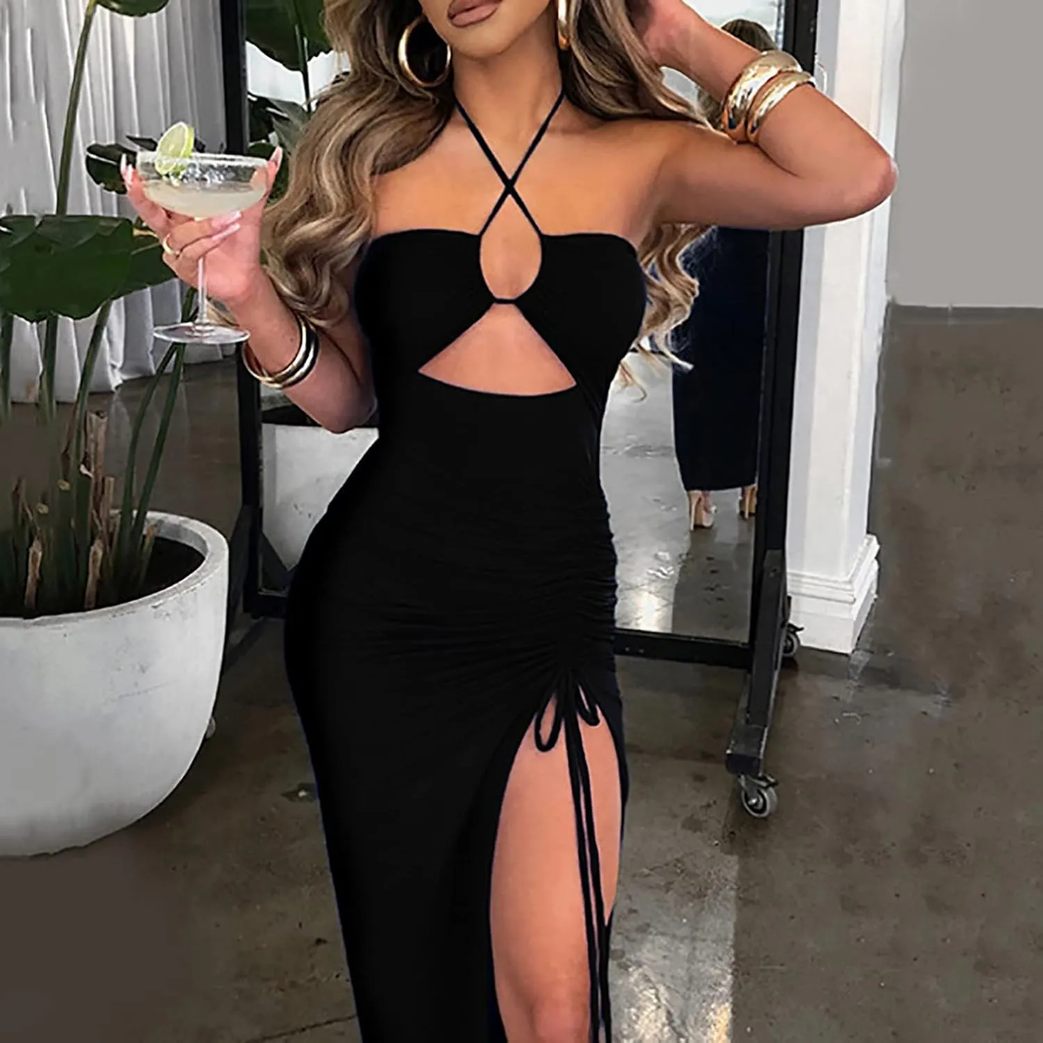 Maxi Dresses for Women 2025 Spaghetti Straps Midi Dress Sleevelesss Cutout Tie Side Dresses Long Drawstring Sundress