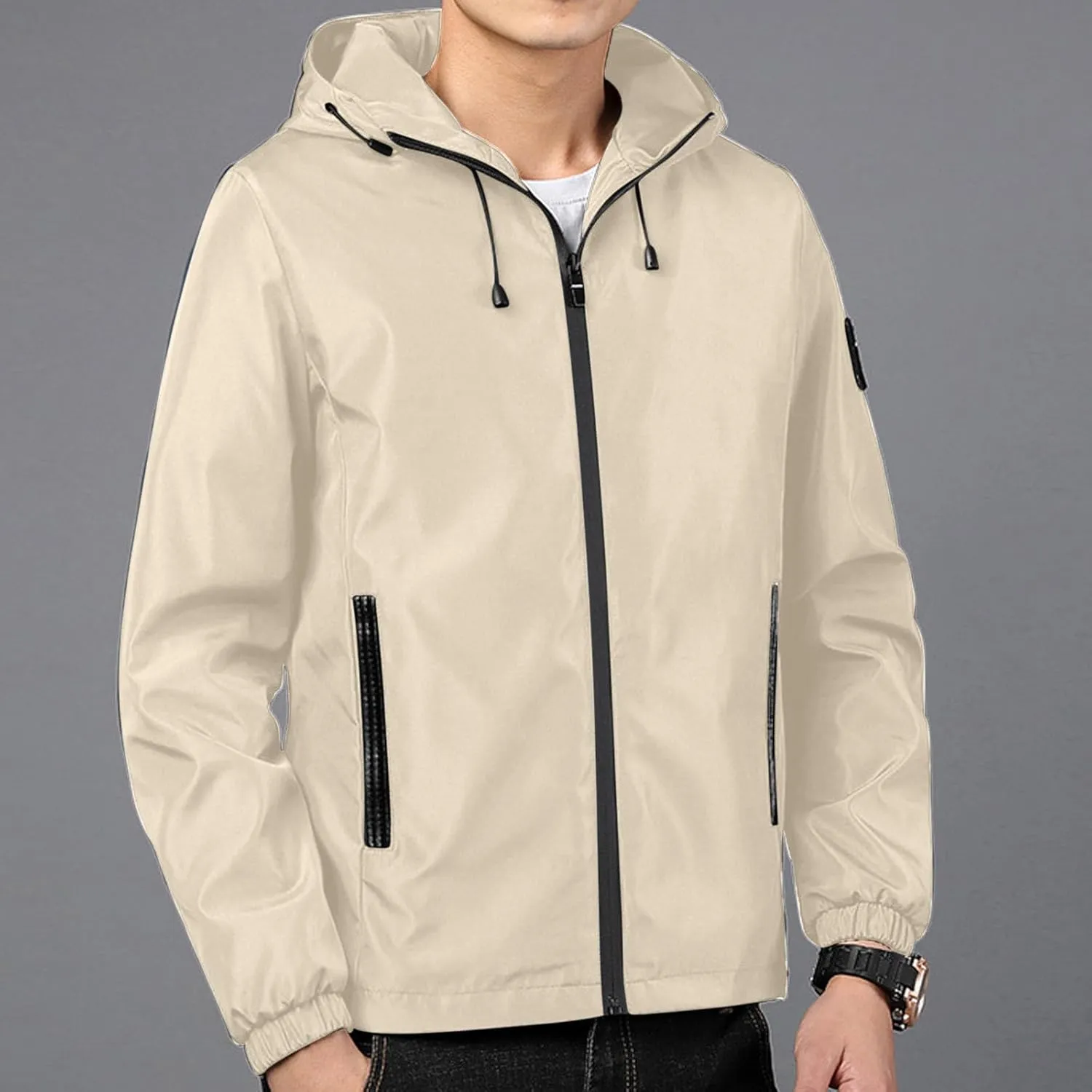 Men Rain Jacket Lightweight Hooded Windbreaker Waterproof Outdoor Sports Hiking Raincoat Long Sleeve Zip Coat Outwear