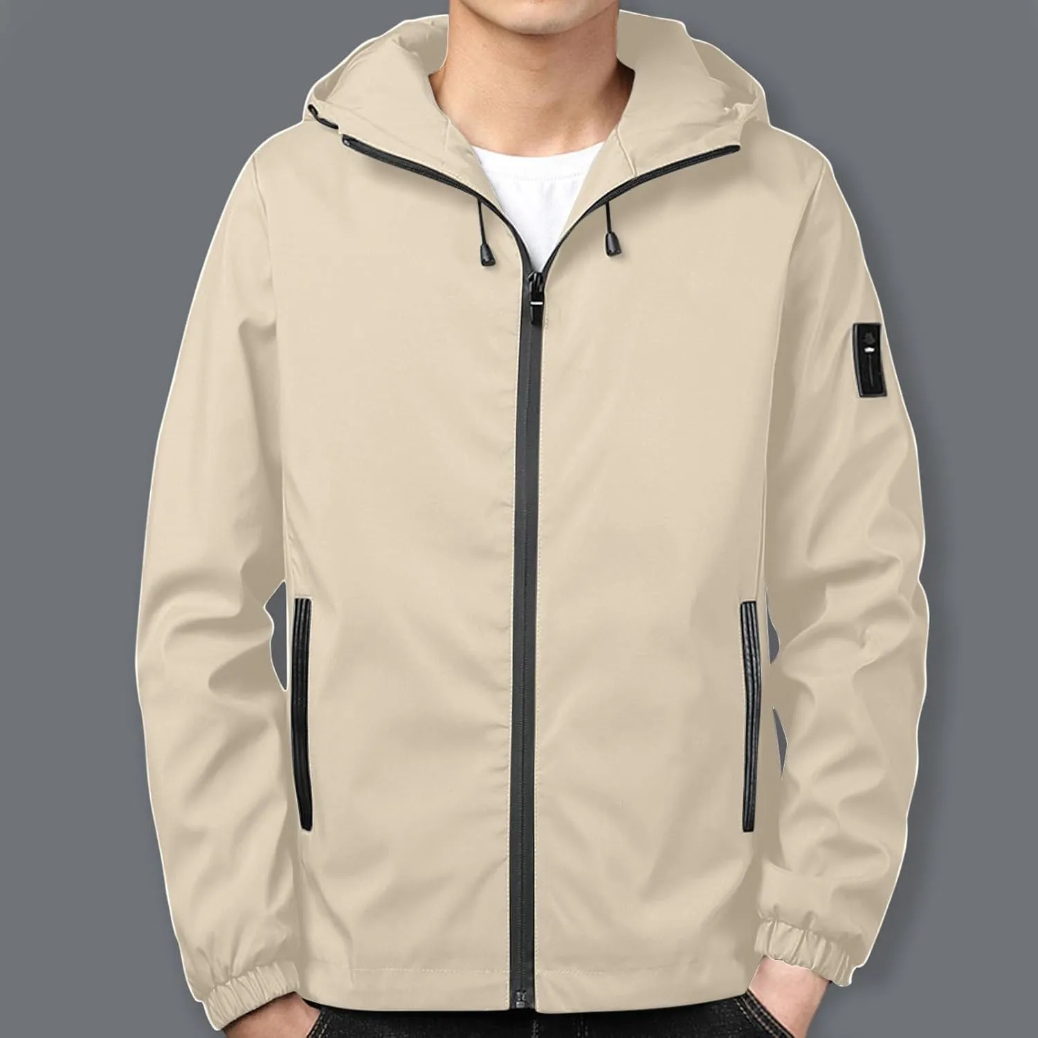 Men Rain Jacket Lightweight Hooded Windbreaker Waterproof Outdoor Sports Hiking Raincoat Long Sleeve Zip Coat Outwear