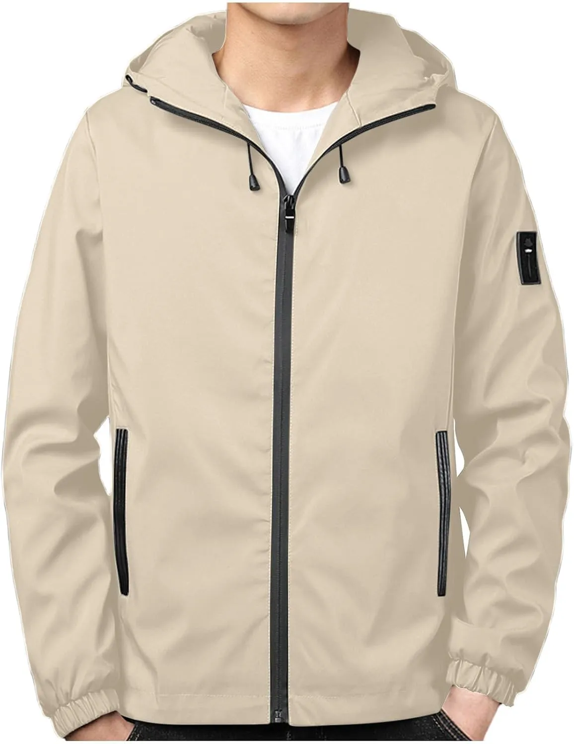 Men Rain Jacket Lightweight Hooded Windbreaker Waterproof Outdoor Sports Hiking Raincoat Long Sleeve Zip Coat Outwear