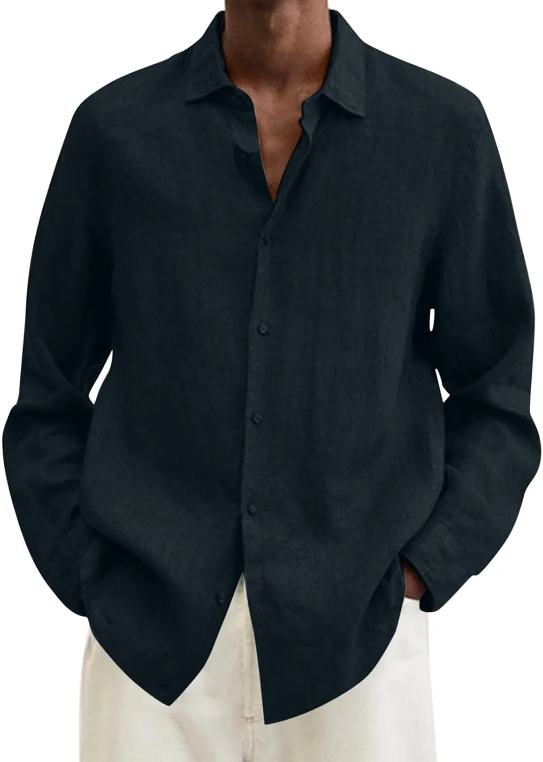 Muscularfit Mens Tshirts Casual Light Weight Cotton Linen Button Down Shirts Summer Spring Long Sleeve Solid Work Dress Shirt