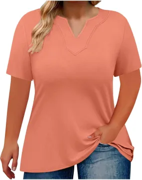 Plus Size Tops for Women 2025 Summer V Neck Short Sleeve T Shirts Solid Color Oversized Trendy Dressy Casual Blouses