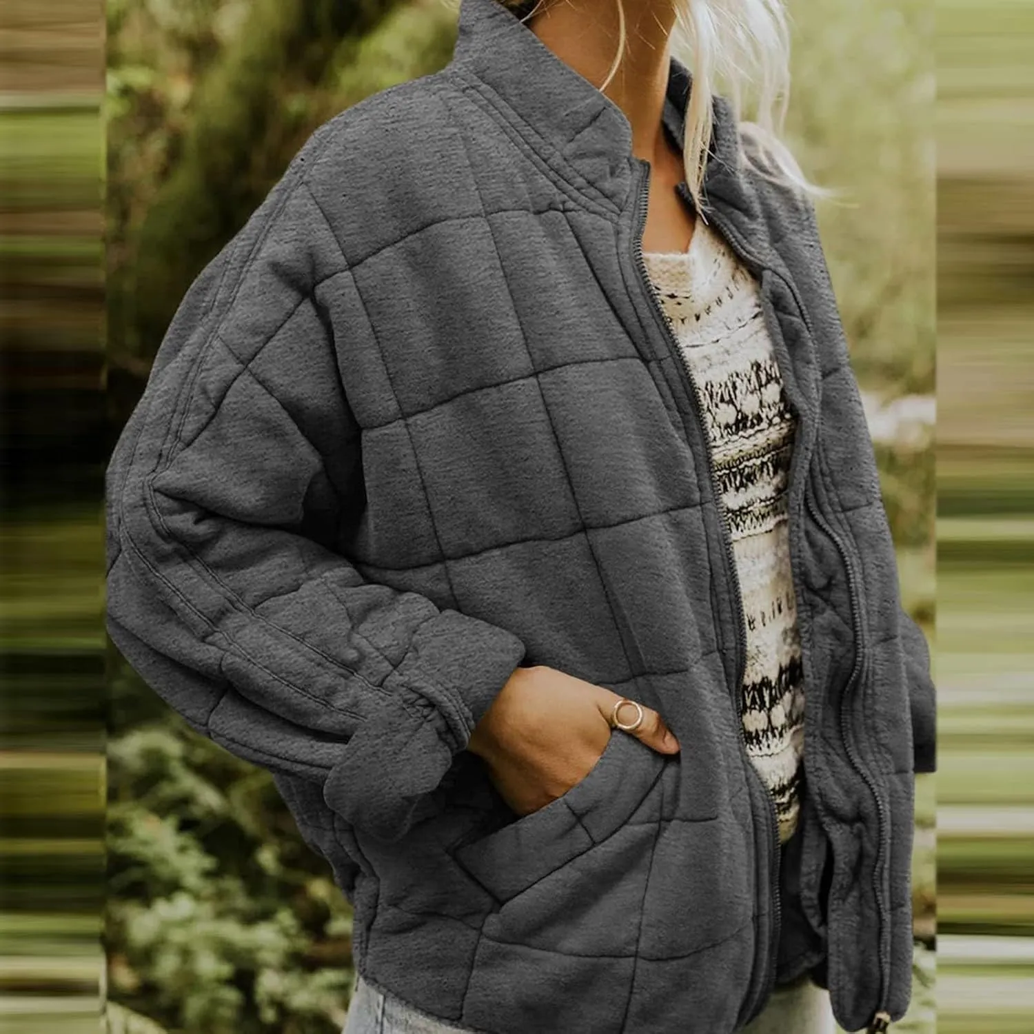 Quilted Jackets for Women Zip Up Plus Size Long Sleeve Coat Lightweight Puffer Jackets Loose Fit Winter Warm Outwear