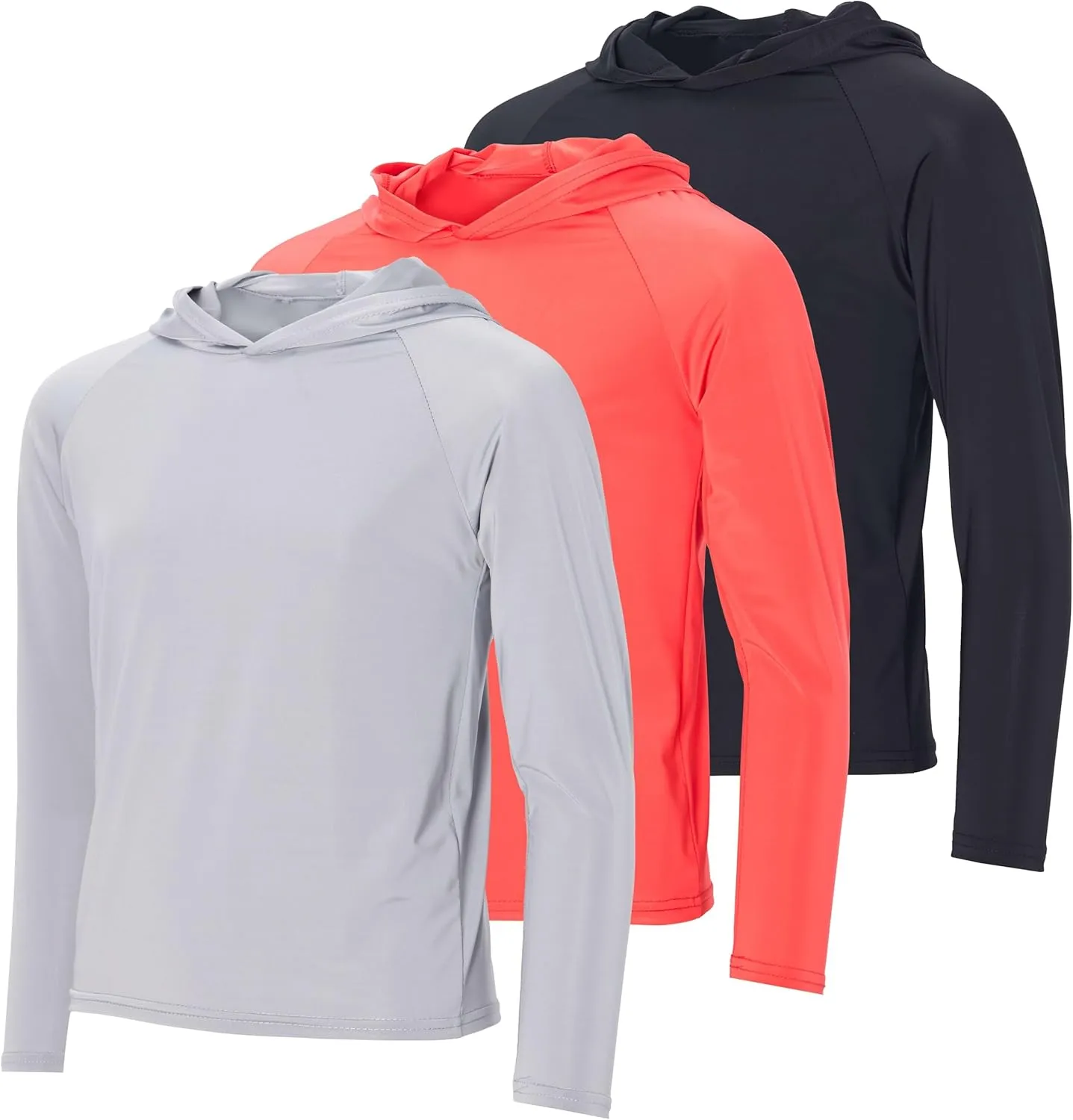 Real Essentials 3 Pack:Youth Rashguard Hoodie UPF UV Sun Protection Long Sleeve Swim Fishing Shirt - Boys & Girls (Ages 4-16)