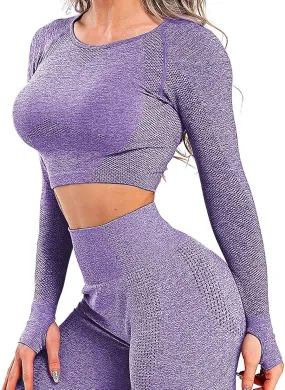 SEASUM Women Workout Crop Top Seamless Shirt Athletic Long Sleeve Fitness Tight Tee