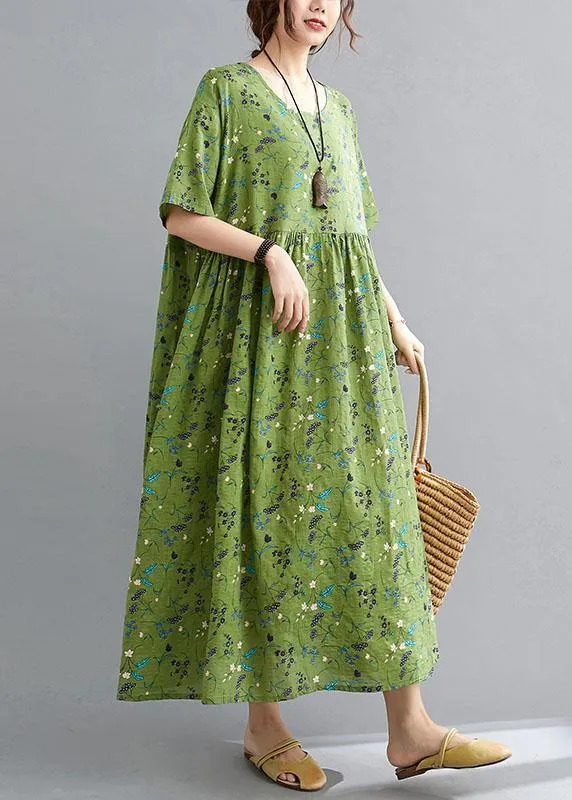 Simple Green Circle O-Neck Print Summer Loose Maxi Dresses Half Sleeve