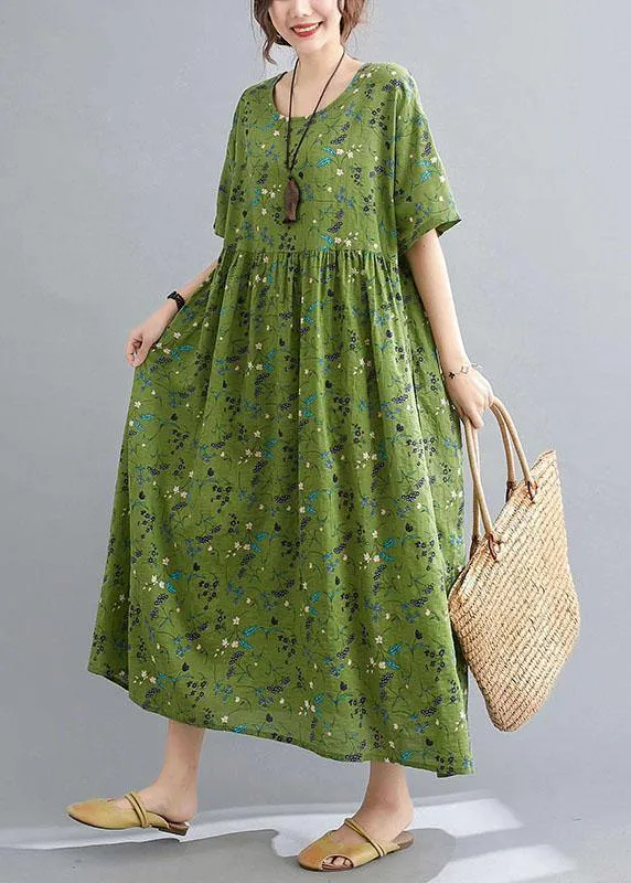 Simple Green Circle O-Neck Print Summer Loose Maxi Dresses Half Sleeve