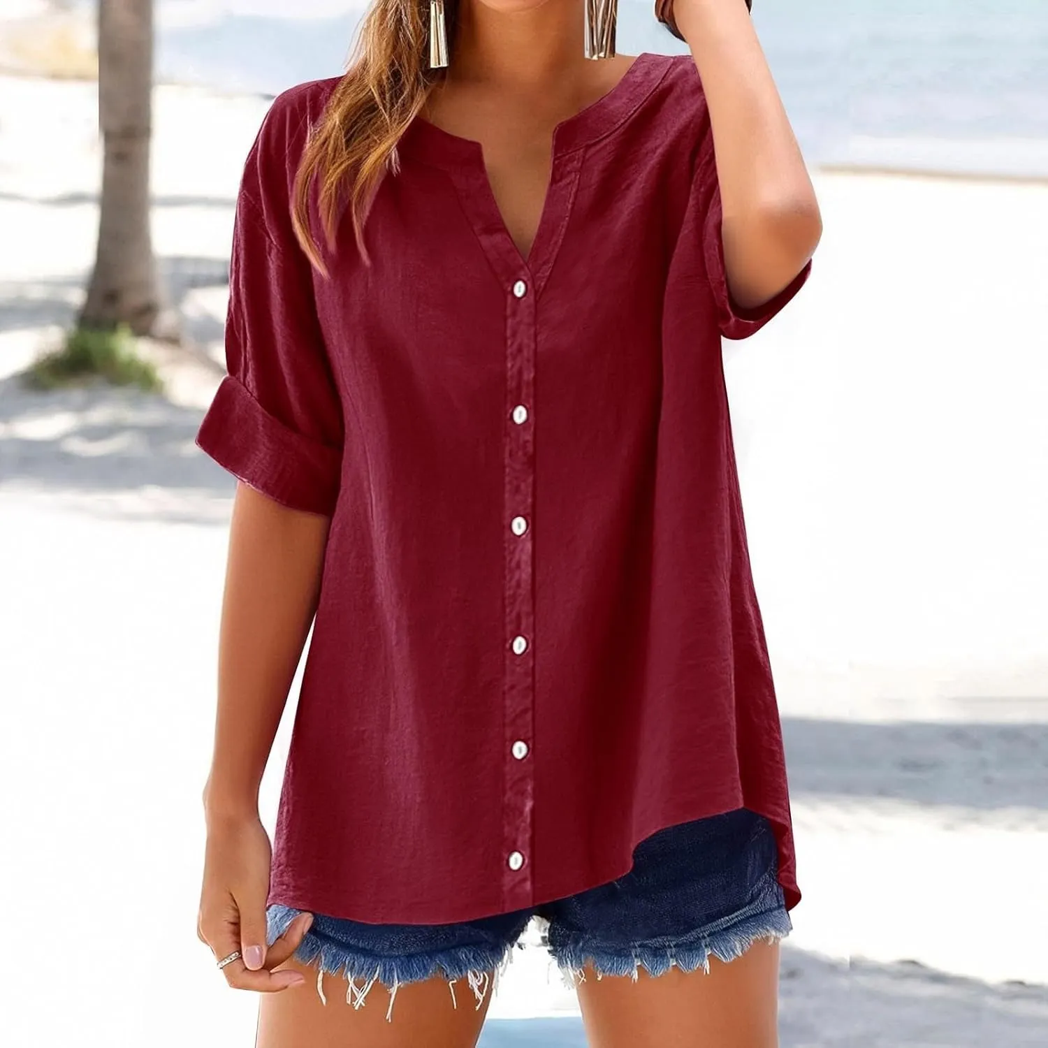 Summer Linen Tops for Women Trendy Button Down Shirts Sexy V Neck T Shirts Dressy Casual Boho Top Short Sleeve Blouse