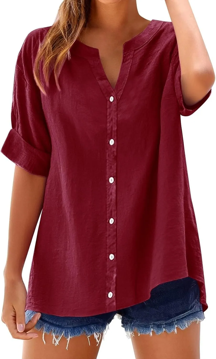 Summer Linen Tops for Women Trendy Button Down Shirts Sexy V Neck T Shirts Dressy Casual Boho Top Short Sleeve Blouse